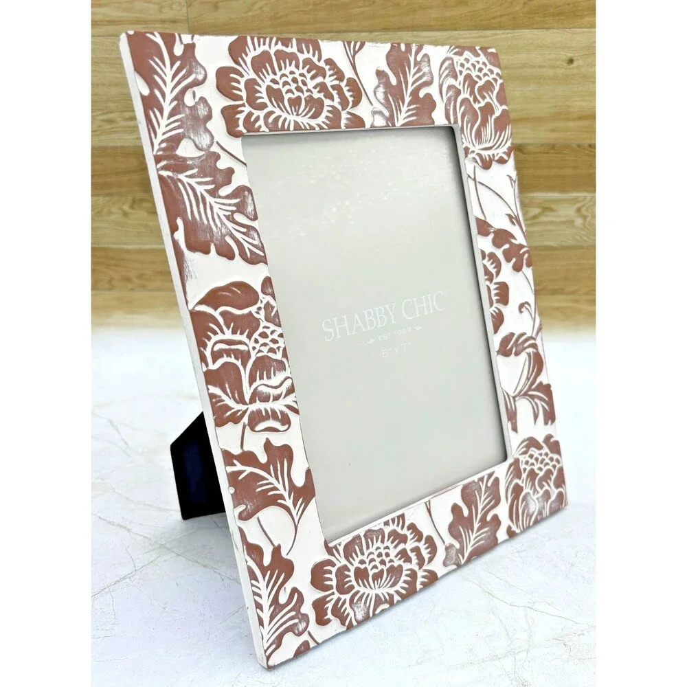 Shabby Chic 5x7 Photo Frame Cottage Distressed Whitewashed Relief Botanical NEW!